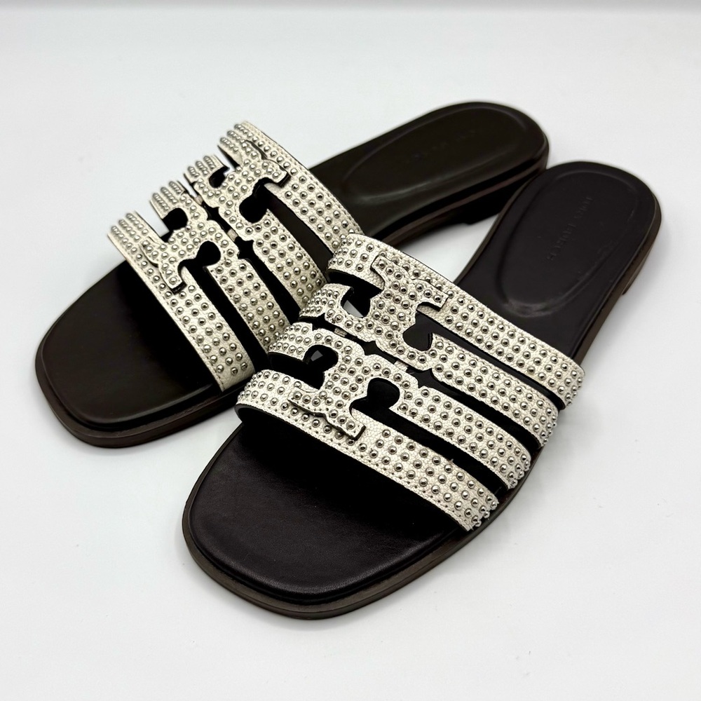 Tory Burch Ines Leather Studded White Slide Flat Sandal Shoe Women’s 6